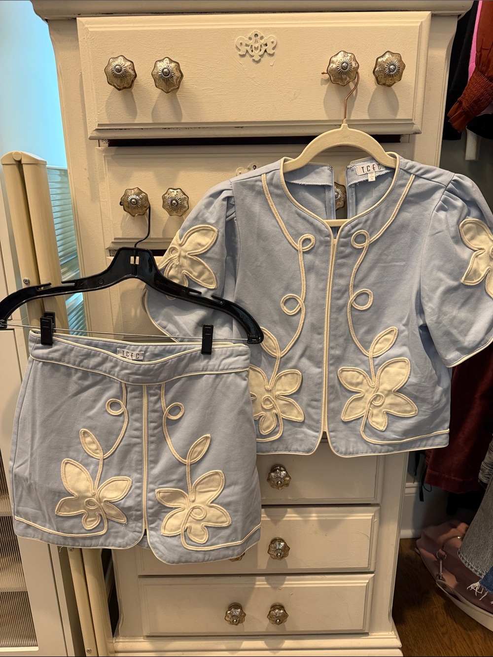 Ice Heart Light Blue Floral Applique Two-Piece Set